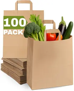 Nobel HD-100paperbag 100-pack Large Brown Paper Bags with Flat Handles ,12x7x14 Paper Grocery Bags, 110 GSM, Kraft Recycling Shopping Bags