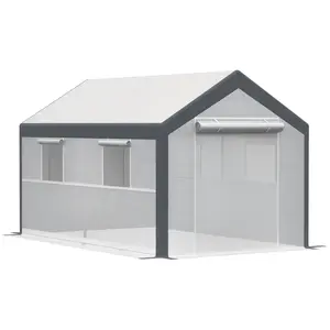 12' x 7' x 7' Greenhouse, Walk-in Outdoor Tunnel Green House with PE Cover, Steel Frame, 2 Roll-Up Zipper Doors & 4 Windows for Flowers, Vegetables, Tropical Plants, White/Dark Gray