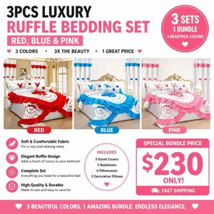 3PCS Luxury Ruffle Bedding Set Bundle – Red, Blue & Pink – Full Bedroom Set