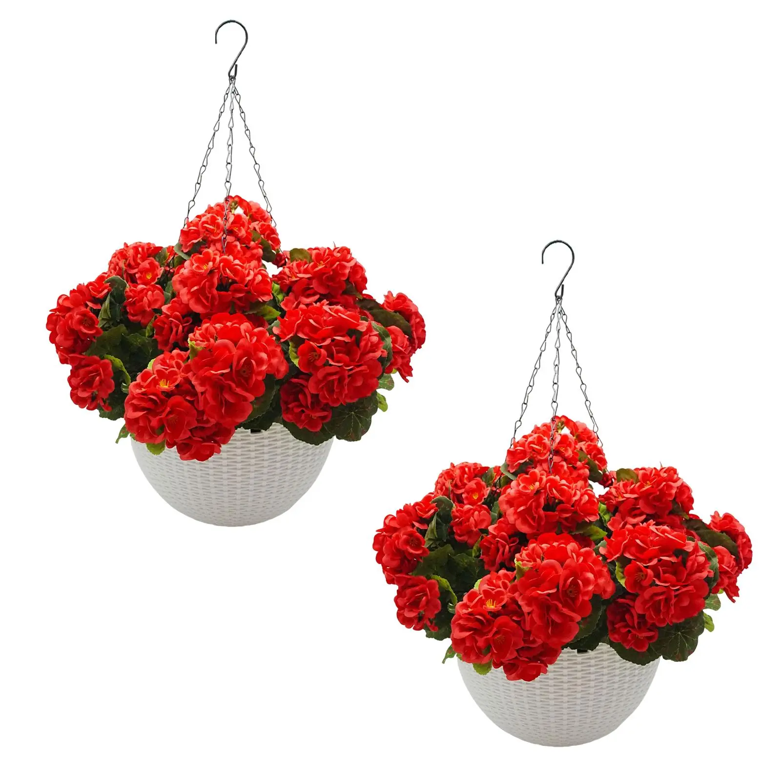 Garvee 2-Pack Artificial Geranium Hanging Baskets with Faux Red Flowers - Half-Round Plastic Planters with Iron Chain Hangers - Indoor/Outdoor Porch Patio Balcony Garden Decor