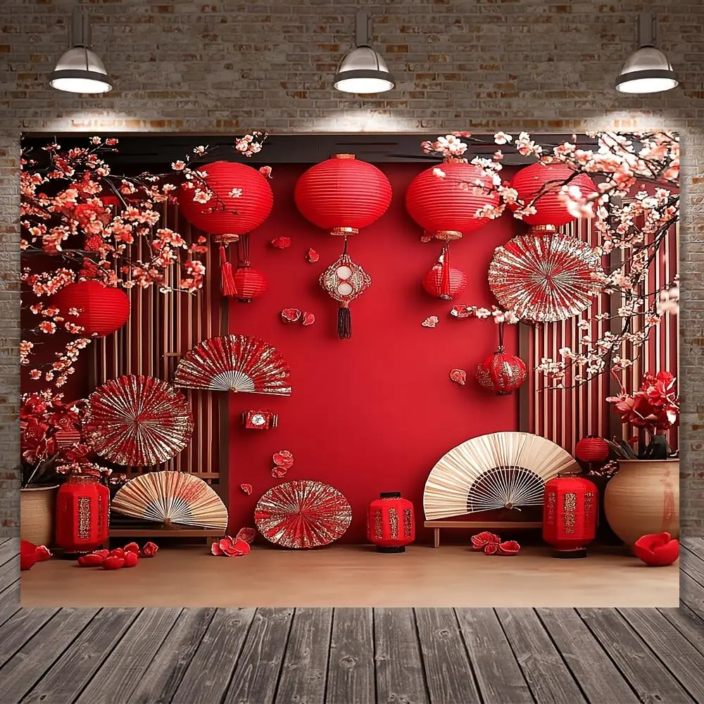 1pc 2D Flat Polyester Chinese New Year Festive Backdrop Banner - Traditional Red & White, Cherry Blossoms, Lanterns, Folding Fans, Soft Texture - No Electricity Needed for Party, Garden Celebrations