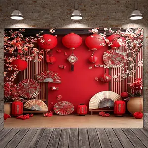 1pc 2D Flat Festive Chinese New Year Polyester Backdrop - Traditional Red & White Decor with Cherry Blossoms, Lanterns, and Folding Fans - Perfect for Party and Garden Celebrations, No Electrici