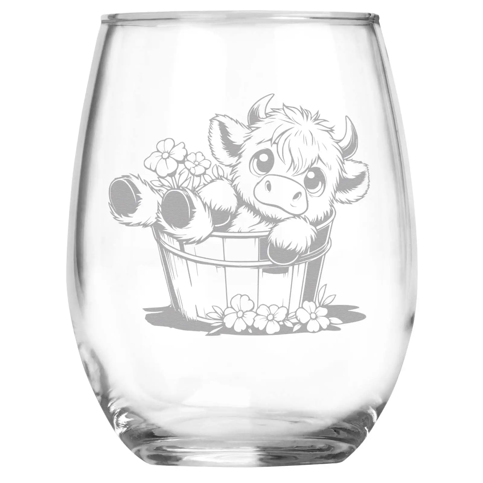 Highland Cow in Bucket Engraved Wine Glass, Unique Highland Cow Lover Gift, Rustic Farmhouse Decor