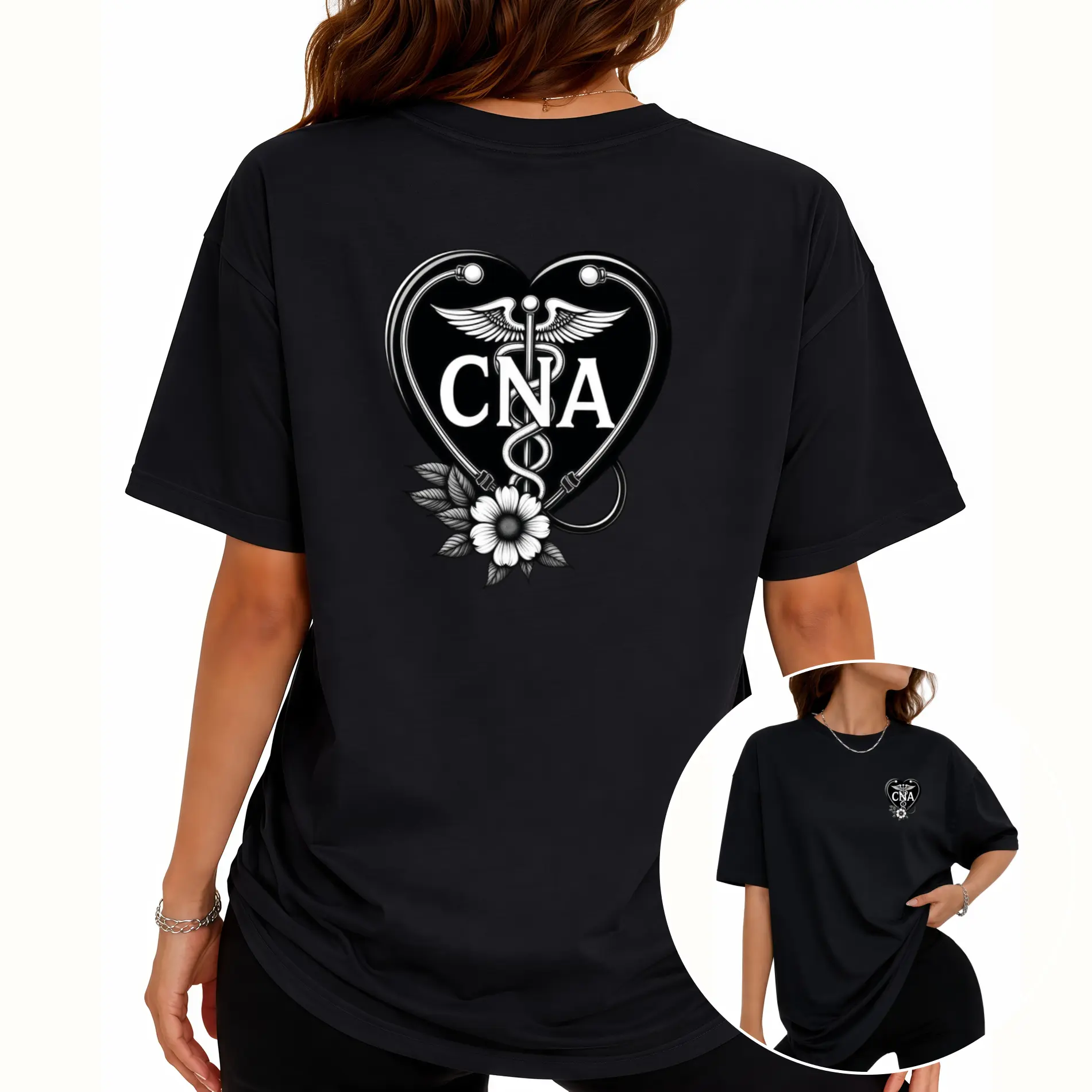 CNA Heart Stethoscope Large Medical Caduceus Floral Heart Back Graphic Tee For Women, Double Sided Certified Nursing Assistant Healthcare Worker Casual Short Sleeve Shirt, Medical Nurse Appreciation Daily Outfit