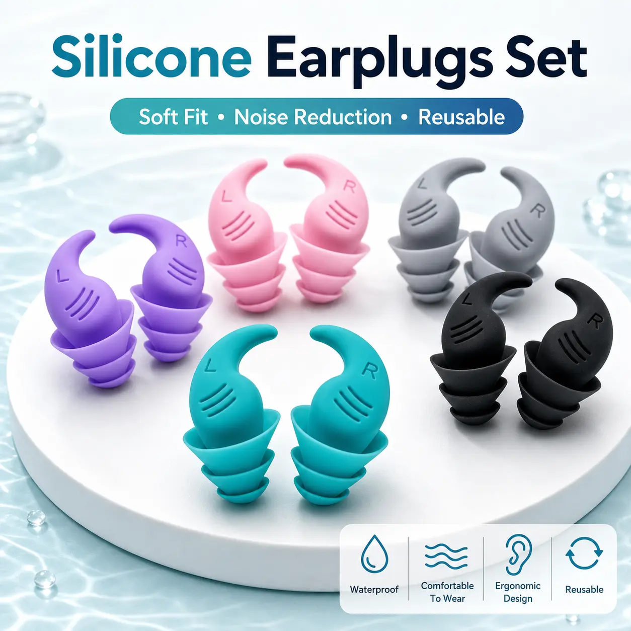 3 Pairs Waterproof Silicone Ear Plugs for Sleeping, Swimming & Travel, Reusable Noise Reduction Earplugs with Case, Soft Shark Fin Design