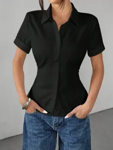 Women's Shirt with Waist Cinch Pleats, Short Sleeve Solid Blouse, Stylish and Comfortable, Perfect for Daily Wear, Elegant and Chic Design