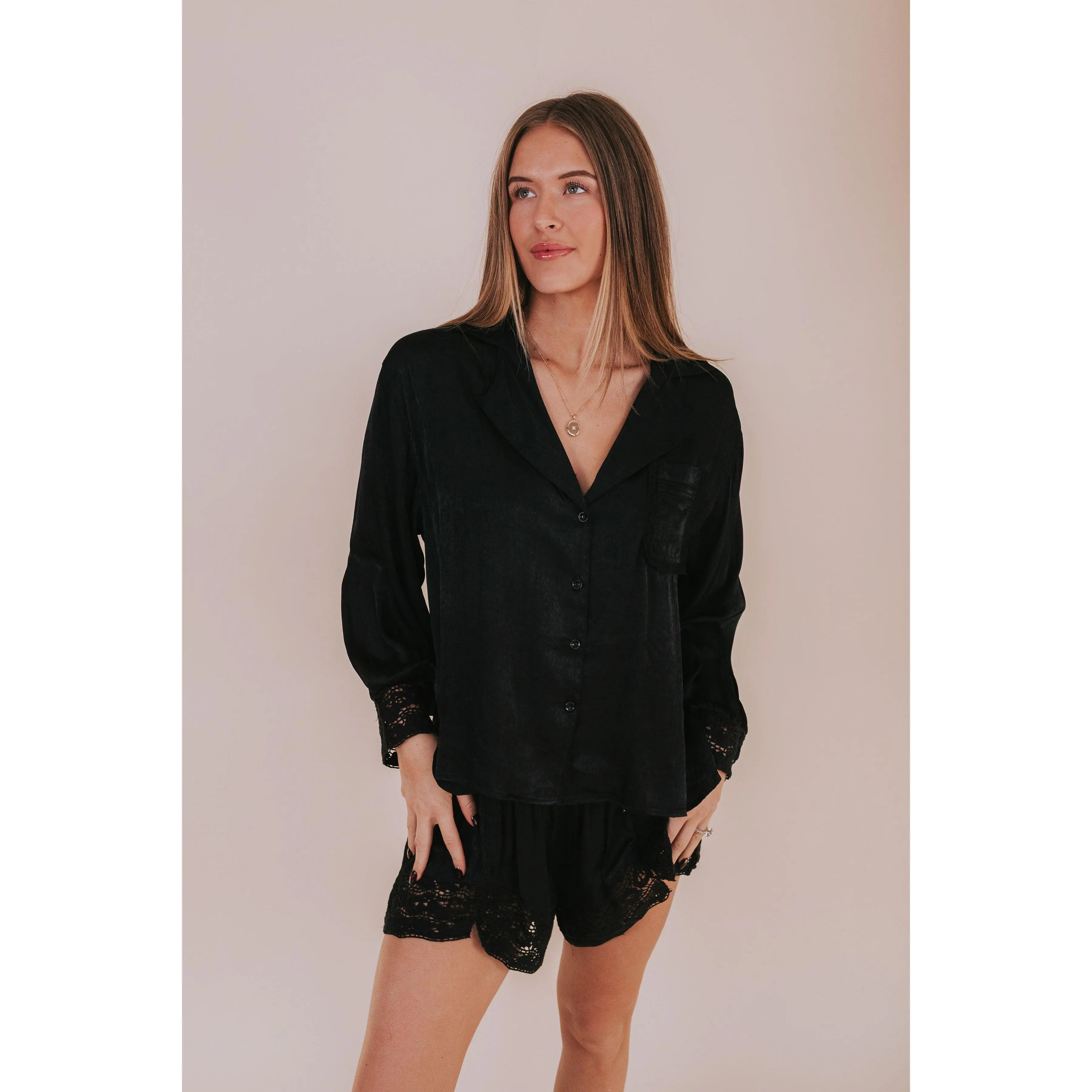 Women's Satin Sleep Shirt Nightwear - Chic Oversized Button-Down Pajamas Top with Pocket, Crochet Cuff Long Sleeves, Flattering Fit, Polyester Blend, Casual, Hand Wash Cold, Crochet Cuffs