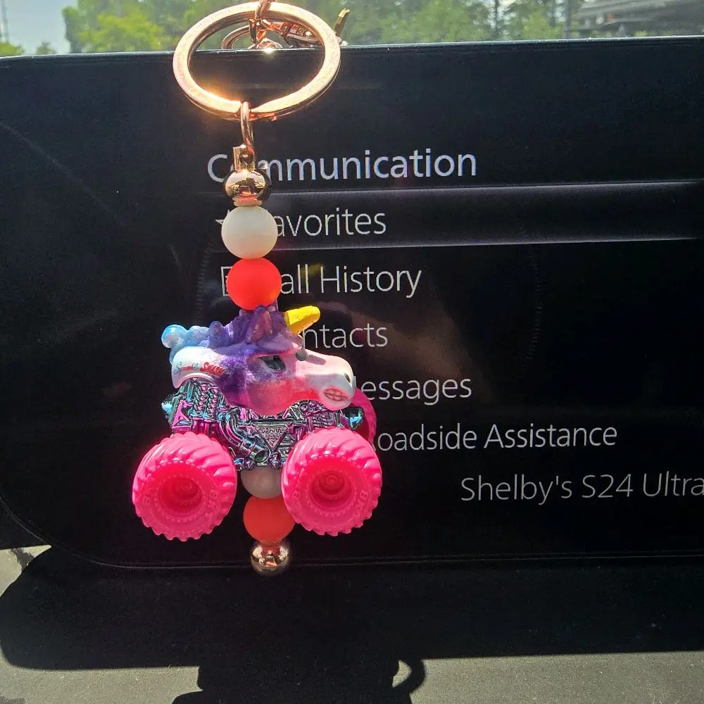 Monster Jam Keychains - Colorful Design with Pink Wheels and Beads for Communication Favorites and Contacts