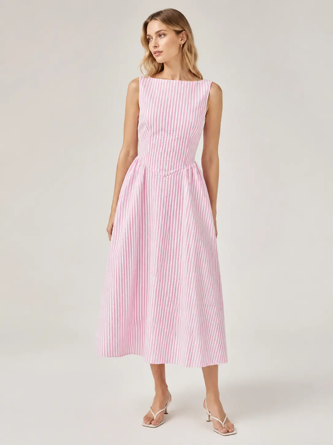 Women's Striped Sleeveless Square Neck A-Line Midi Dress - Elegant, Chic, Stylish, Comfortable Women's Dresses for Spring Summer Casual Office Wear, Elegance, Style, Midi Dresses Womenswear Warmer