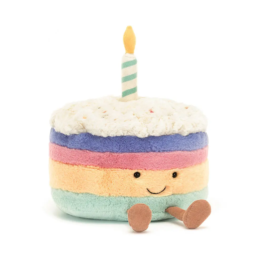 Jellycat Amuseables Rainbow Birthday Cake Plush Toy with Candle, Soft Pastel Layered Cake Stuffed Toy for Birthday Gifts, Party Decor & Collectors
