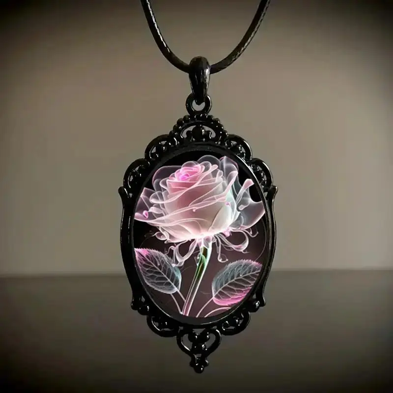 Women's 2026 Chain Detailing Necklace - Pink Rose Glass Pendant with Transparent Petals, Black Ornate Frame, Black Chain Casual Floral Costume Jewelry for Daily Wear, Chain Detailing Necklaces