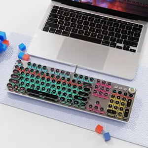 EWEADN Punk Typewriter Mechanical Gaming Keyboard, All-metallic Panel 104 Keys Full Size Numeric Keypad, Retro Punk Round Keycaps LED Colorful Backlit USB Wired Keyboard