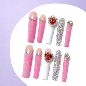 Rhinestone Decor Fake Nail Tips, Glitter Rhinestones, 10pcs/set Extra Long Square Pink Nail Supplies, Including Nail Tool Buffer Jelly Gel Stickers, Y2K DIY Nail Art Elegant Luxury Design