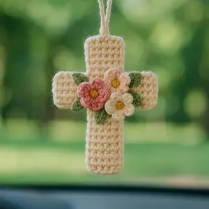 Handmade Crochet Protestant Cross with Flowers Car Charm , Jesus Rearview Mirror Hanging, Christian Boho Ornament, Faith Gift for Drivers Religious Gift, Gift for Women