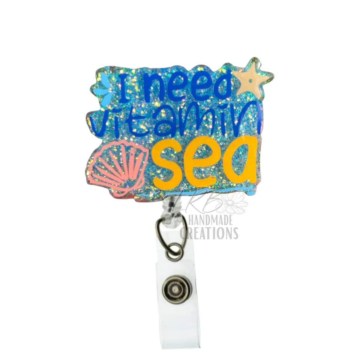 I Need Vitamin Sea Badge Reel – Beach Theme Glitter ID Holder, Fun Summer Retractable Reel for Nurses & Teachers, Coastal Gift Idea