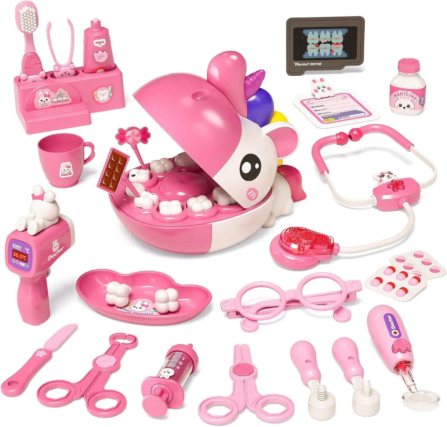Dentist Play Set Toys for Girls, Doctor Kit for Toddlers 3-5, Unicorns Pretend Play Girl Toys 3 4 5 6 7 8 Years Old, Kids Doctor Playset with Light & Sound, Birthday Gifts for 3 4 5 6 7 8 Year Old