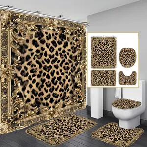 1PC/4PCS 2D Flat Printing Black and Gold Leopard Print Retro Pattern Patterned shower curtain, home bathroom decor, shower curtain set with 12 hooks, non-slip bathroom rug, U-shaped toilet seat cover, toilet seat mat, Bathroom Decoration Accessories