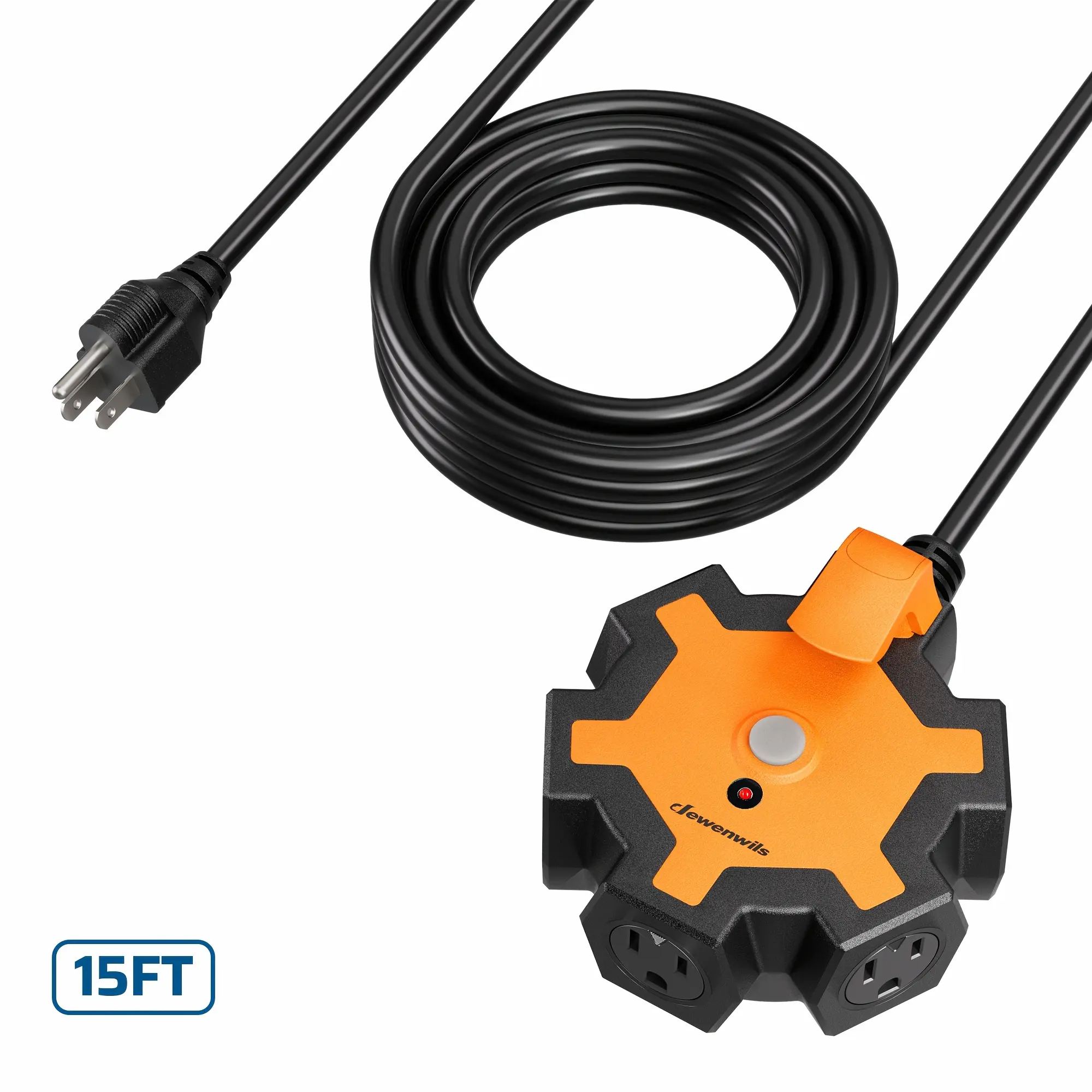 DEWENWILS 1Pack/ 2Pack Industrial Power Strip, 5-Outlet Hub with 15ft Heavy Duty Extension Cord (14/3 AWG SJTW), 15A Circuit Breaker, Swivel Safety Covers for Garage Workshop