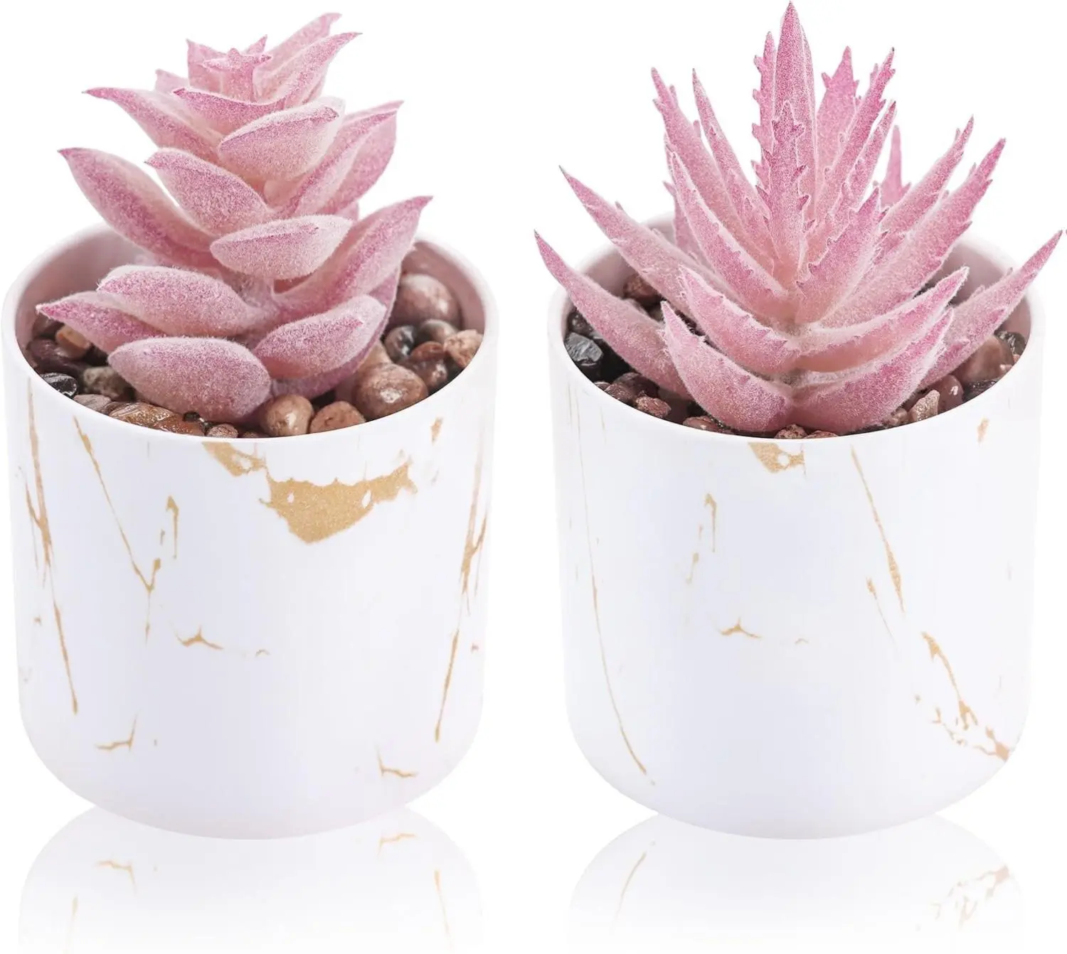 Set of 2 Pink Artificial Succulents in White Marble Pots with Gold Stripes for Office Desk Accessories & Home Vanity Decor - High-Quality Plastic Mini Faux Plants