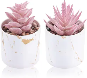 Set of 2 Pink Artificial Succulents in White Marble Pots with Gold Stripes for Office Desk Accessories & Home Vanity Decor - High-Quality Plastic Mini Faux Plants