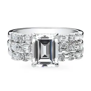 BERRICLE Sterling Silver Solitaire Art Deco Engagement Rings Statement Stackable Band for Women, 2.1 Carat Emerald Cut Cubic Zirconia CZ Ring Set