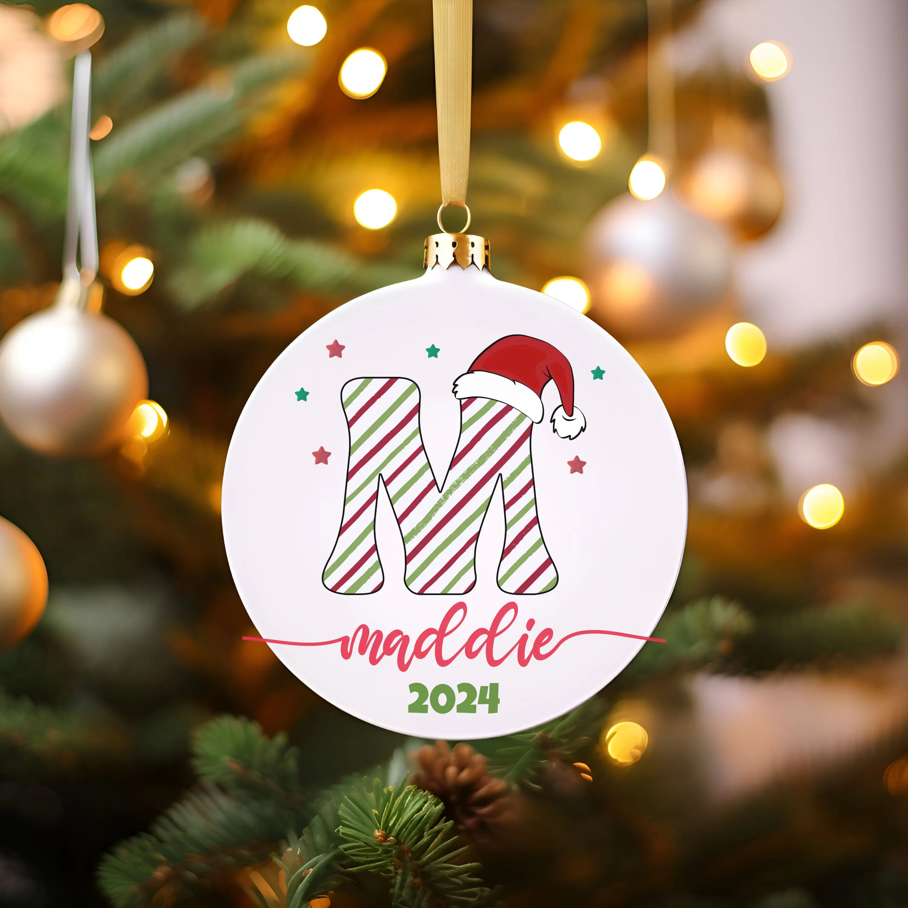 Monogrammed Ceramic Christmas Ornament, Custom Ceramic Name, Unique Holiday Gift Idea 2024, Personalized  Tree Ornament, Circle, Heart, Star, Snowflake