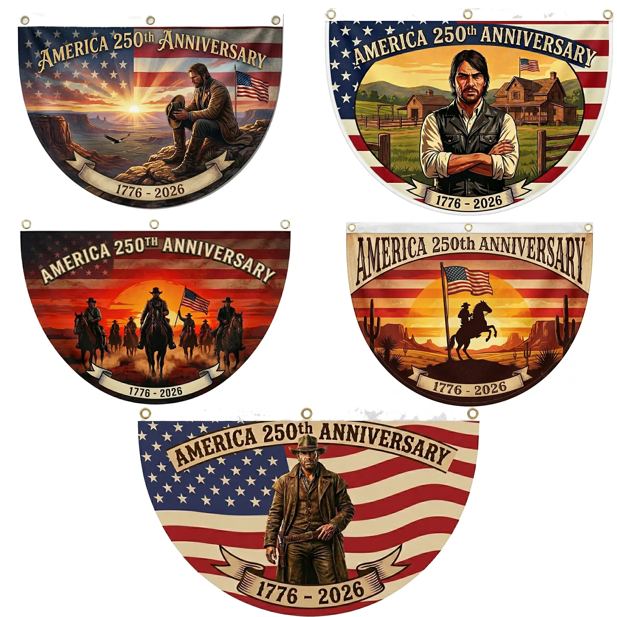 RDR 250th Anniversary Semicircle Banner, Red Dead Redemption Inspired America 1776-2026 Patriotic Bunting Flag, 4th of July Outdoor Fence Porch Wall Decor