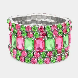 5 Pieces - Pink and Green Stone Stretch Multi Layered Pageant Bracelets | Prom Jewelry |  567938