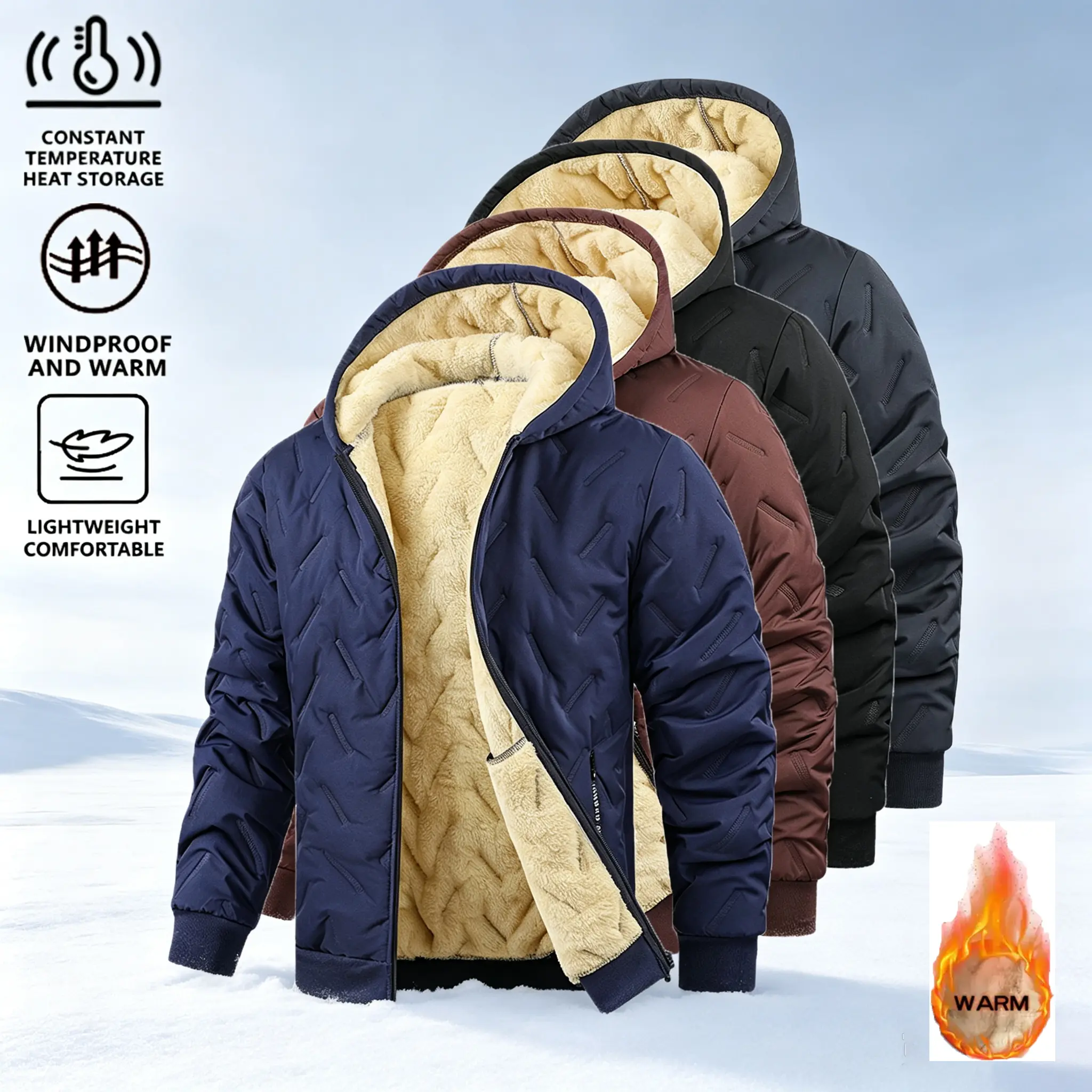 Men’s hooded jacket, 1-pack, thick inner lining for winter, windproof with thermal lock, lightweight and warm, available in multiple colors