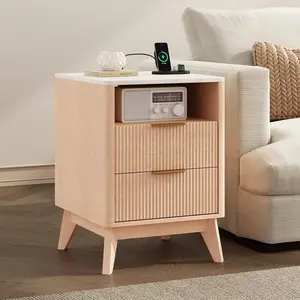 18 Inch Sofa Side Table with Charging Station, Narrow End Table with 2 Drawers, USB, Type-C & AC Outlets, Modern Fluted Table for Couch, Apartment, Small Spaces
