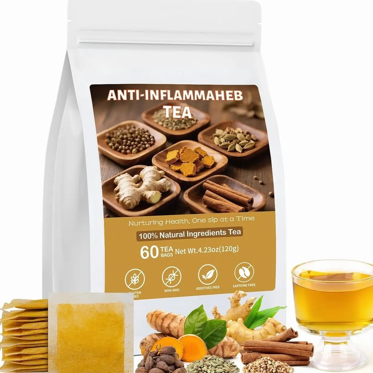 Anti-Inflammaheb Tea, 100% Natural Inflammation Tea from Premium Turmeric, Ginger, Cinnamon, Cardamom, Cumin, Coriander Seeds Herbal Ingredients, Supports Antioxidant, Boost Immunity (1 Pack/60 Bags）