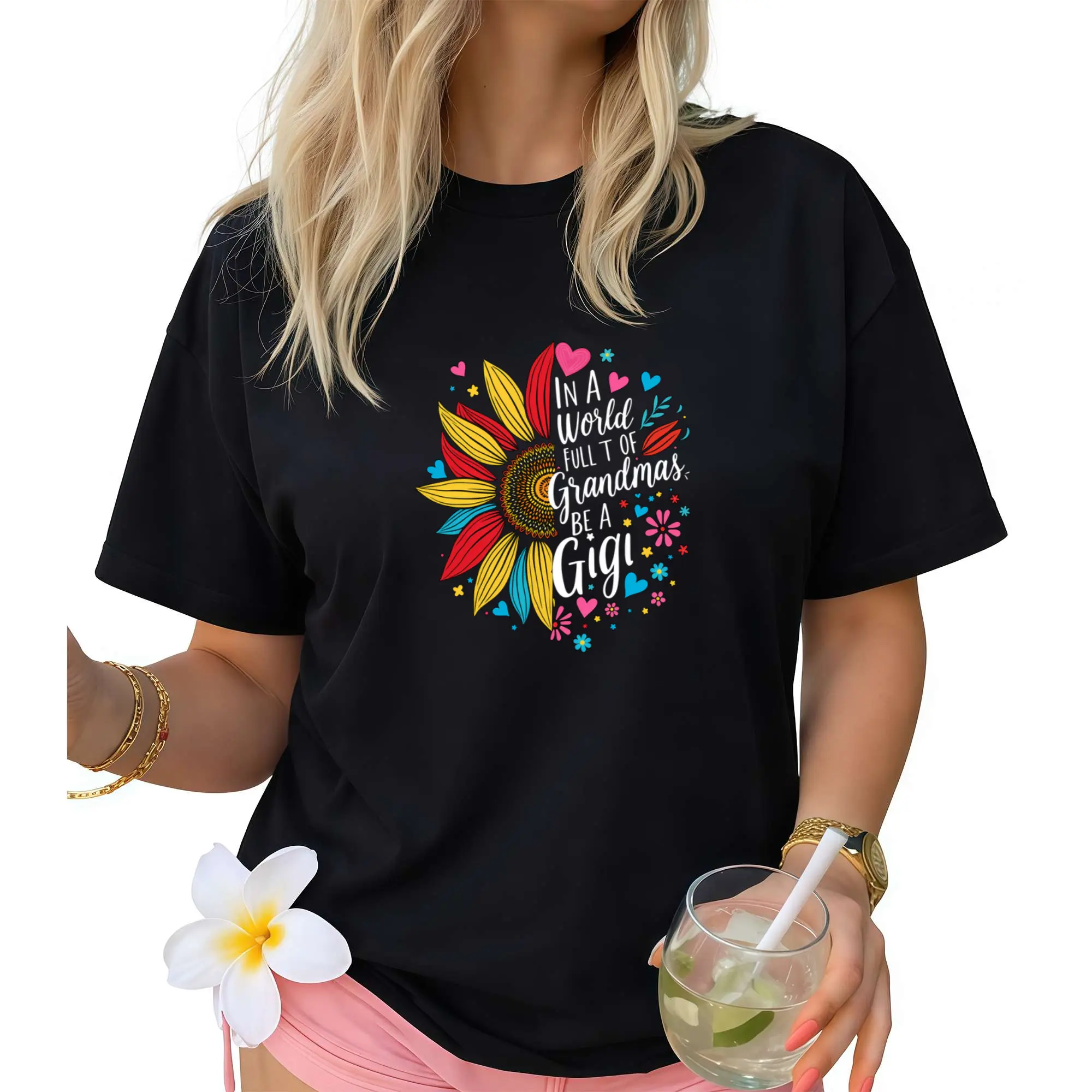Women's Funny "In A World Full Of Grandmas Be A Gigi" Sunflower & Hearts Graphic T-Shirt - Soft Breathable Cotton Retro Tee, Casual Short Sleeve Round Neck Top for Grandma Gift Idea, or Family Events