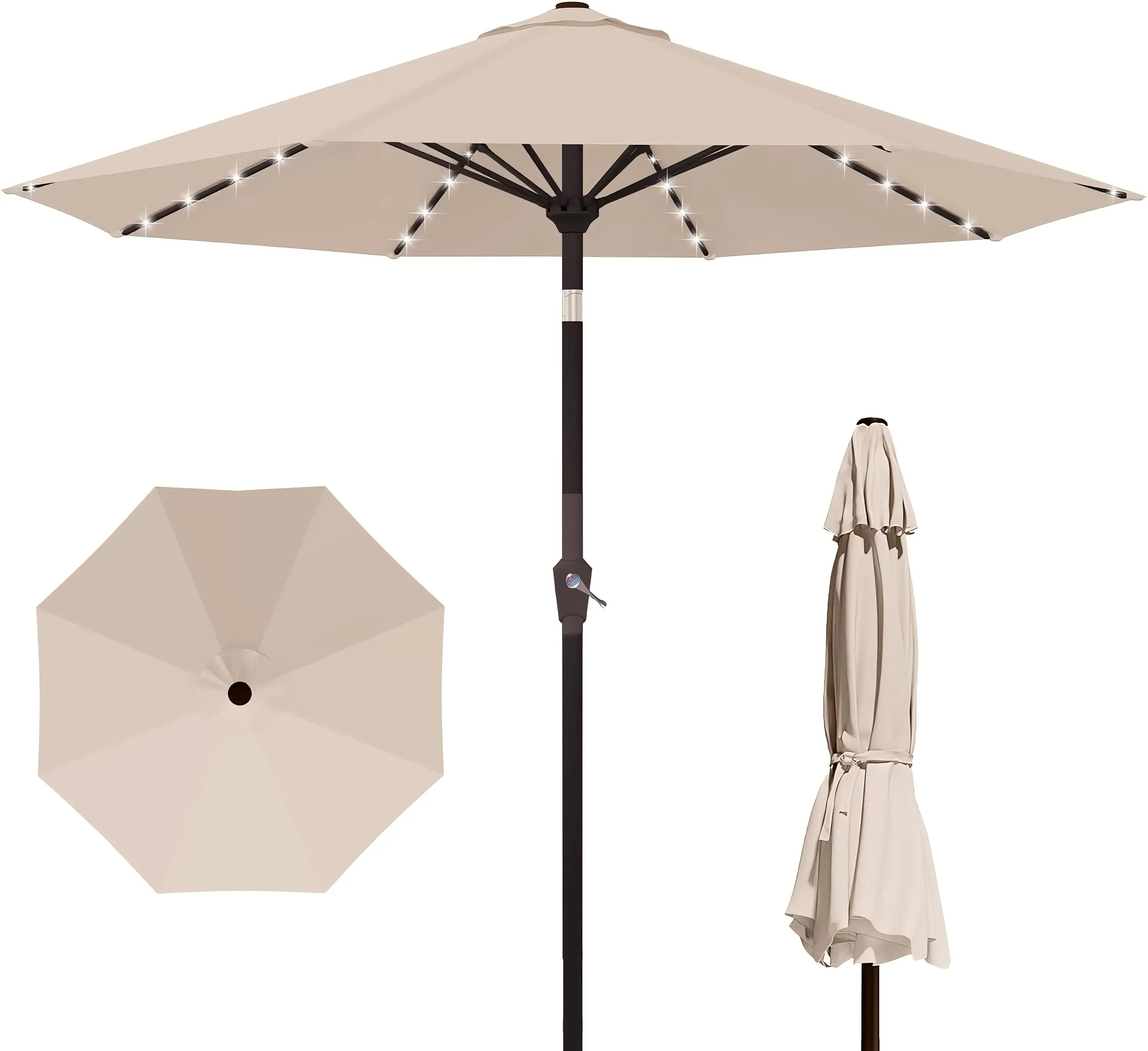 Kingdura 10FT Outdoor Patio Market Umbrella with Solar 32 LED Lights, Push Button Tilt, Crank, 8 Sturdy Ribs & UV Protection, Beige for Garden Deck Backyard
