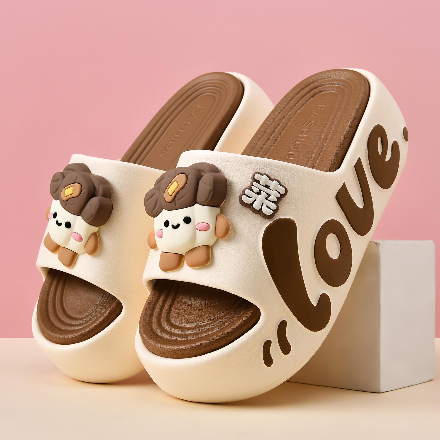 Cartoon Puppy Thick-Soled Slide Sandals, Off-White with Color Contrast, “LOVE” Letter Design, Cute 3D Decorations, Women’s Slides for Home and Outdoor Wear