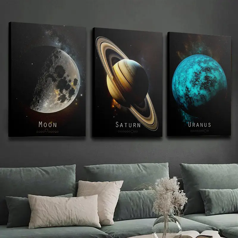 3-Piece Minimalist Wooden Frame Canvas Print Kit - Waterproof Glossy Planets, Moon, Solar System, Stars Poster, Houndstooth-Marble Contemporary Art Space Wall Decor for Home, Kid Room, Valentine's Day, Mother's Day Interior Use, Thanksgiving, Juneteenth
