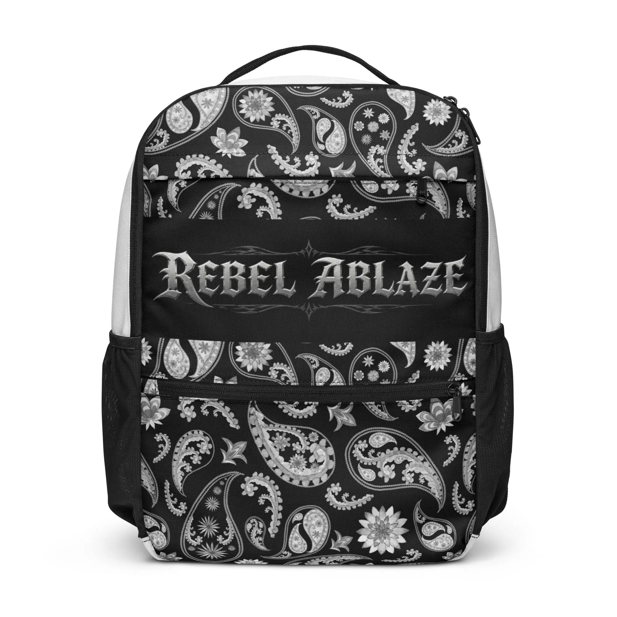 Rebel Ablaze Black & White Paisley Backpack