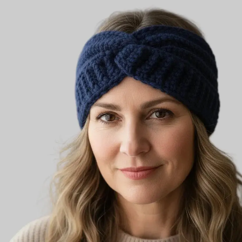 Women's Classic Handmade Crochet Wide Winter Ear Warmer Headband - Dark Blue Soft Yarn, 19-20 in Circumference, Casual Commute Daily Fashion Hair Accessory, Perfect Fit, Wide Band, 19-20 Inch