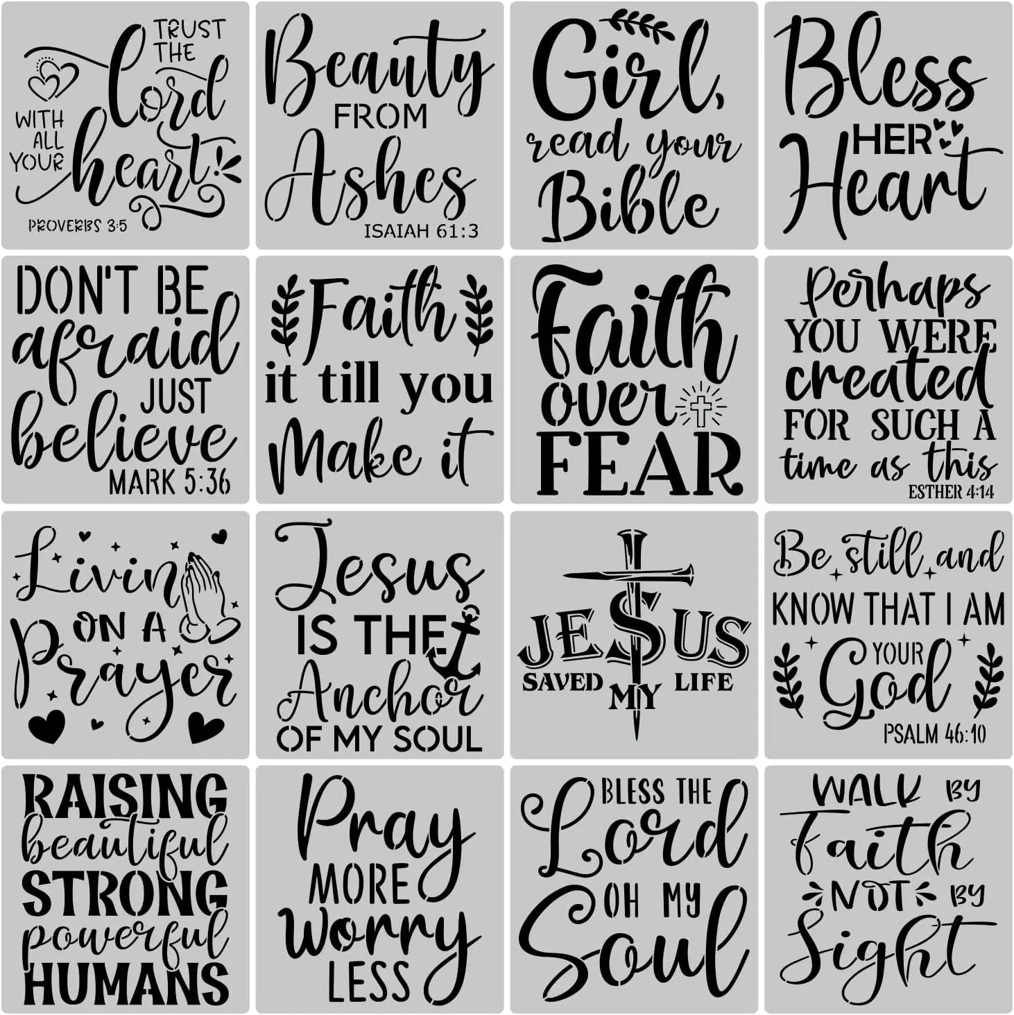 16 count Christian Inspirational Stencils Painting on ,  Sign Motivational Saying Faith God Fidence Be Still  Painting Stencils DIY Farmhouse  Signs for  Office Decor