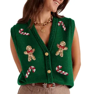Women’s V Neck Knit Vest Boho Chic Christmas Sleeveless Sequin Embroidery Button Tank Tops Sweater Vest Ugly Christmas Cardigans Women Fitted Multi-Color Casual Spring Fall