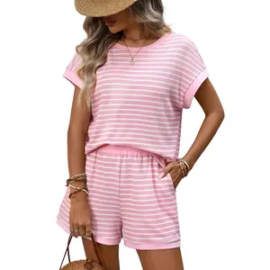 Womens Summer 2 Piece Sets Striped Short Sleeve T Shirts and Shorts Loungewear Matching Set