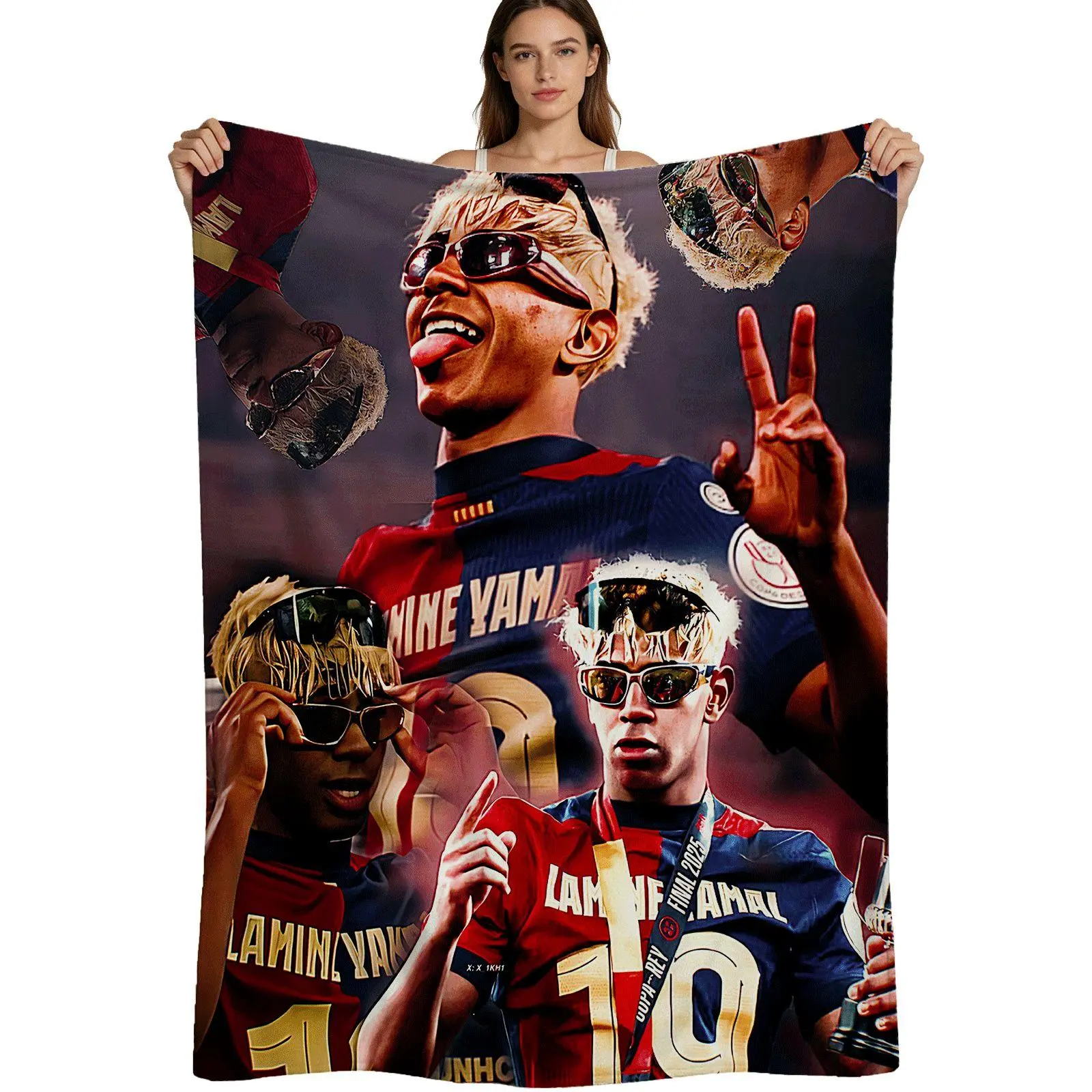 Trending Sports Art, Warm Flannel Blanket, Lamine Yamal Victory Collage Design, Soft Premium Fleece Fabric, For Football Fans And Bedroom Decor, 4 Sizes Available Single Pack