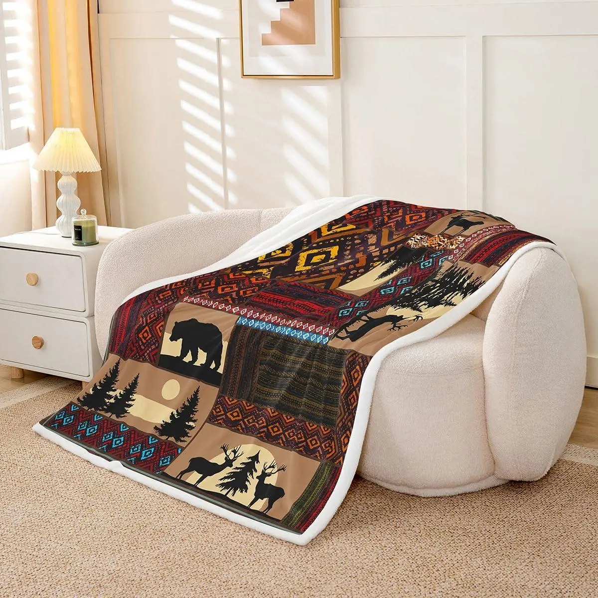 Deer Moose Bear Fleece Blanket,Boho Aztec Sherpa Blanket Western Rustic Woodland Throw Blanket For Bed Sofa Couch,Pine Tree Red Brown Stripe Bed Blanket For Country Lodge Cabin Decor