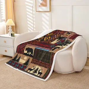 Deer Moose Bear Fleece Blanket,Boho Aztec Sherpa Blanket Western Rustic Woodland Throw Blanket For Bed Sofa Couch,Pine Tree Red Brown Stripe Bed Blanket For Country Lodge Cabin Decor