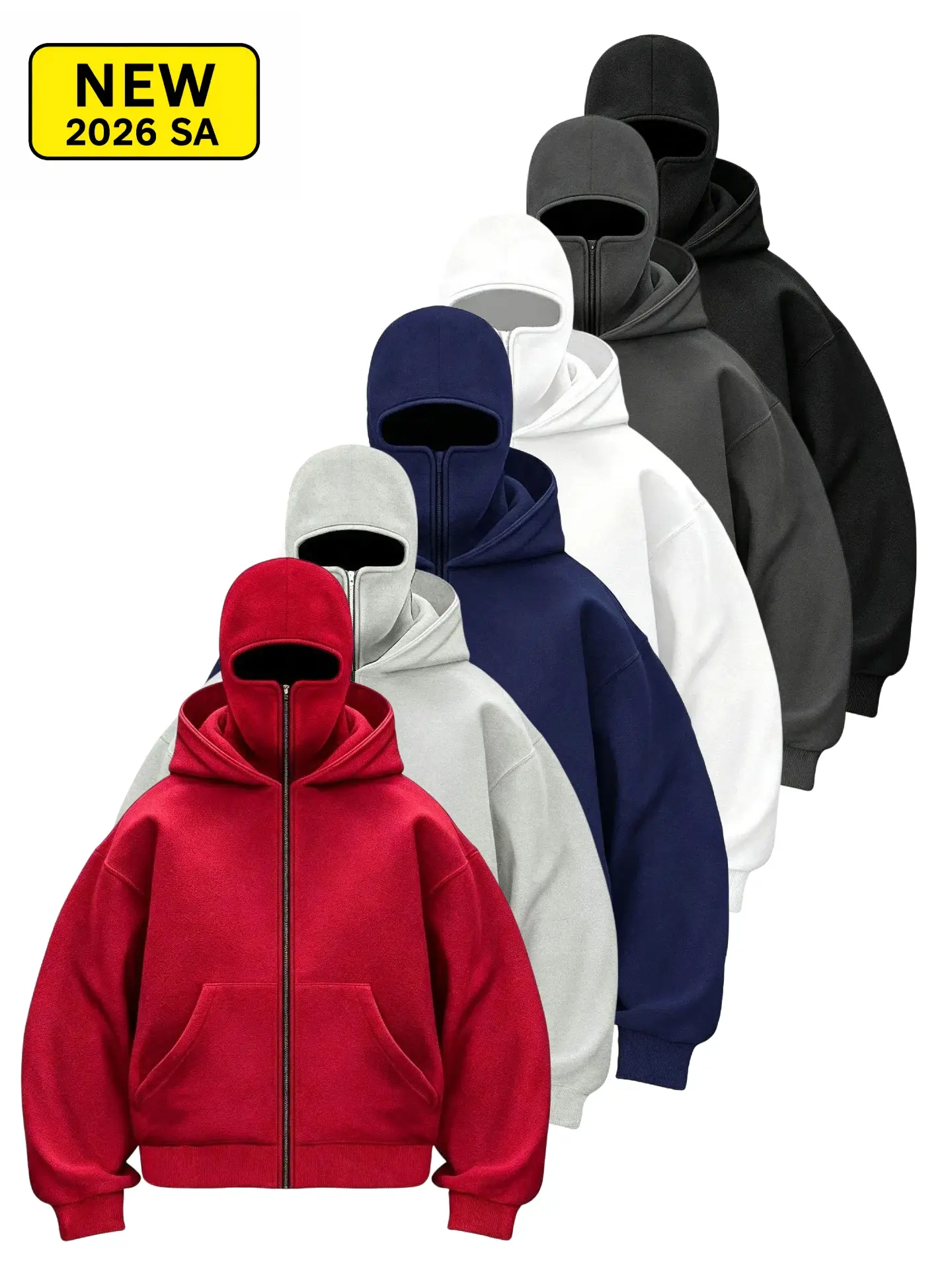 Men’s Balaclava Double Hoodie Zip Up Hoodie, Oversized Full Zip Sweatshirt with Built-In Mask, Streetwear Jacket for Fall Winter Outdoor Casual Wear