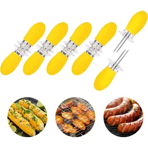 10 count/5 Pairs Yellow Corn Cob Holders Stainless Steel Fork Skewers for Corn On The Cob BBQ Tools