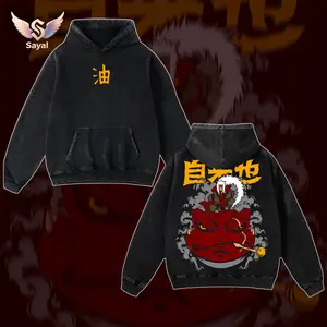 Jiraiya Toad Summon Naruto Anime Double Printed Vintage Washed Hoodie Unisex Oversize Heavyweight Cotton Manga Graphic Crewneck Soft Tops Natural Shade Gift Menswear Clothes Classic Tshirt Streetwear Oversized