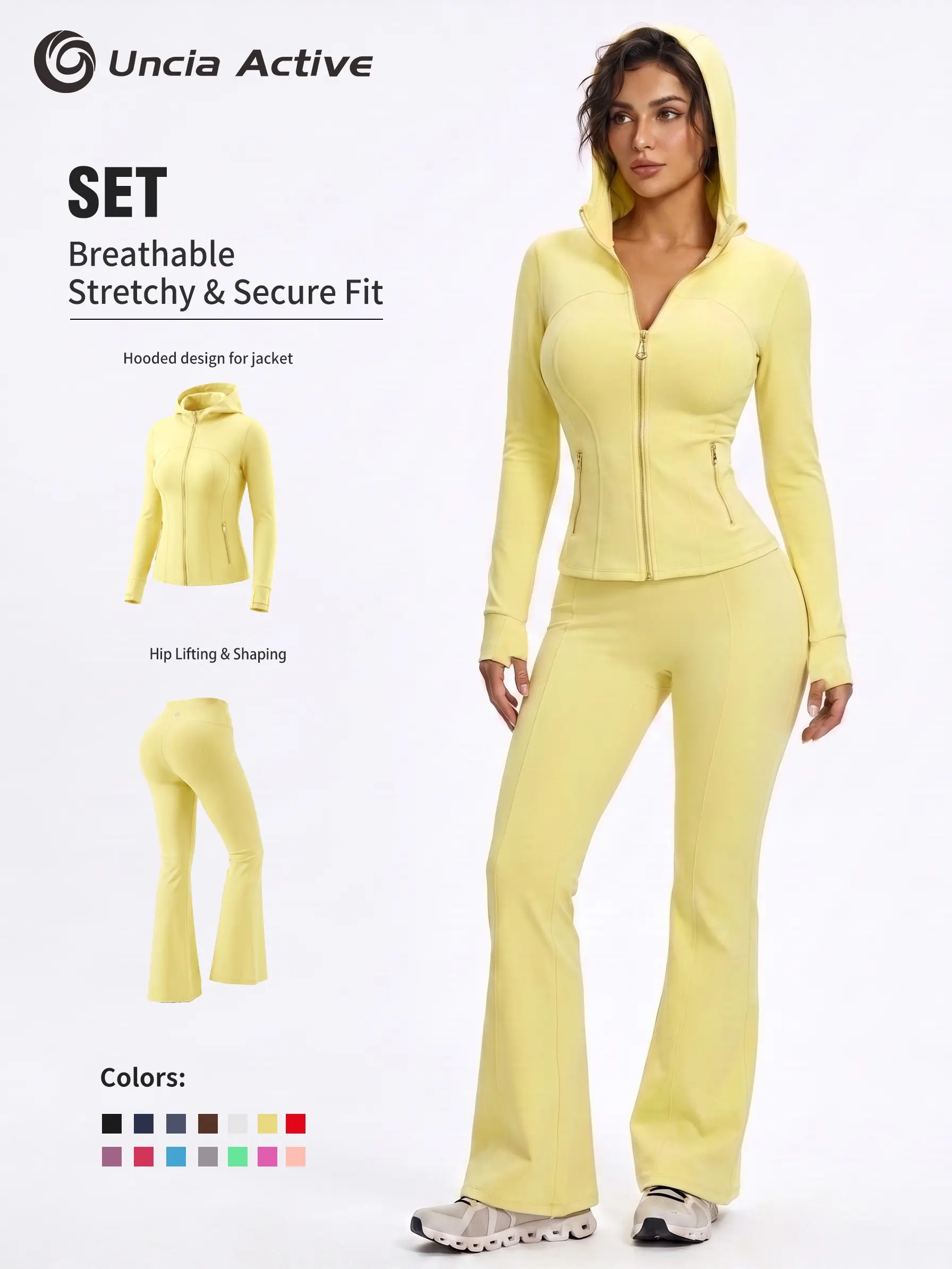 Women's 2-Piece Soft Stretchy Hooded Fitness Set - Full-Zip Tailored Sport Jacket, Figure-Sculpting Flare Leggings for Gym, Daily Wear
