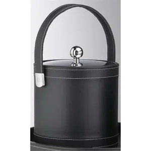 212 MAIN Black 3 Qt Faux Leather Stitching Ice Bucket with Handle and Metal Cover - Indoor Kitchenware, Bar Utensils, Containers