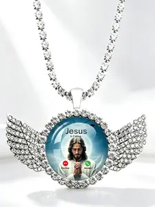 Jesus Calling Angel Wing Necklace, Ice Drill Pendant, Figure Pendant, Christian Faith Jewelry, Hip Hop Style Shiny Chain, Unisex Wearable