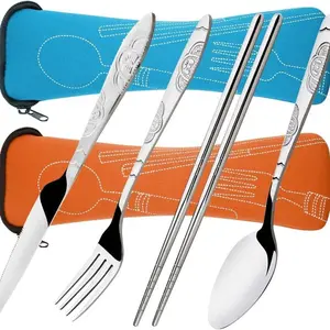Stainless Steel Cutlery Set, 8 Counts/2 Sets Including Spoon, Fork, Knife & Chopsticks, Portable Reusable Tableware Set for Outdoor Travel Camping Picnic Work, Camping Equipment, Camping Supplies, Camping Kitchenware